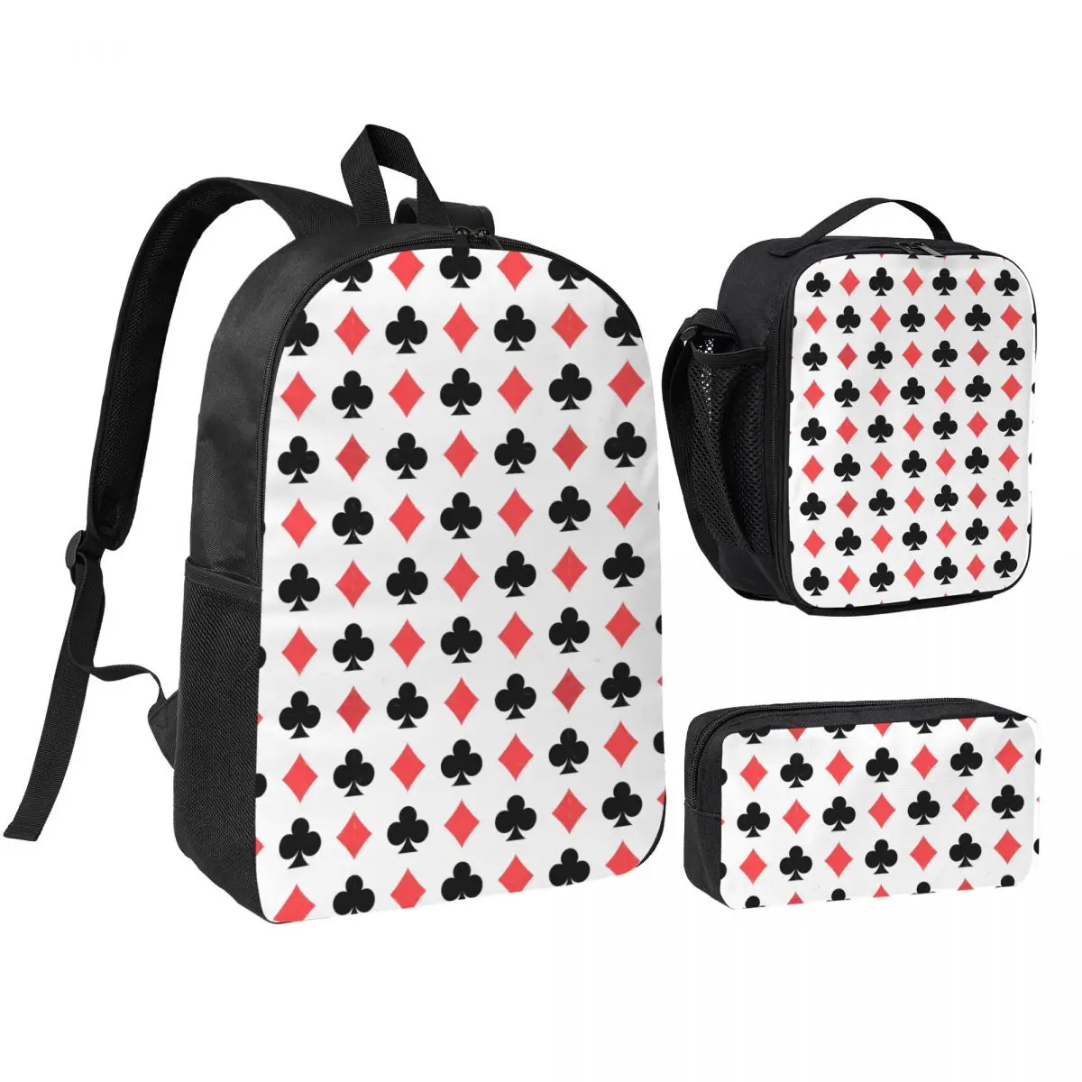 Poker Card Pattern Clubs And Diamonds Backpack Student BookBag School Bag Shoulder Bags 3ps Insulated Lunch Bag Pencil Case