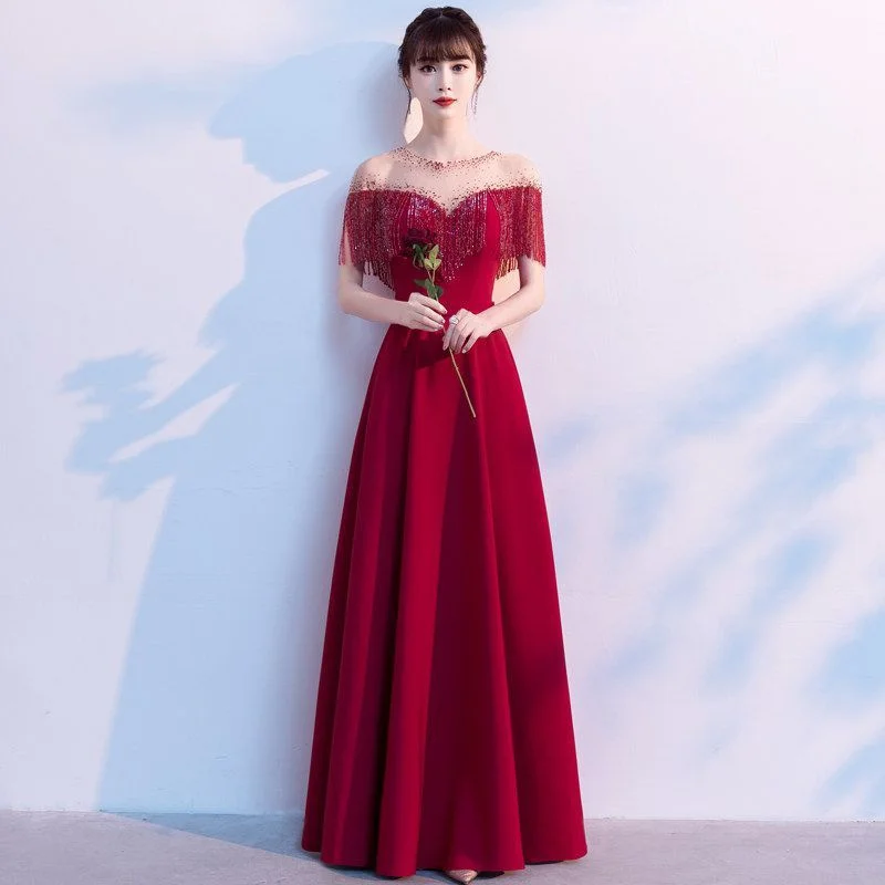 

Wedding Dress Bride New Summer Return Dress Engagement Wedding Wine Red Banquet Evening Dress Feminine A-line Skirt Nail bead