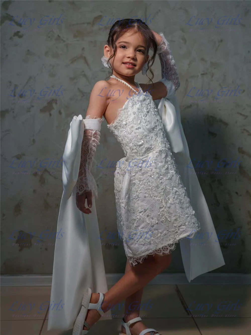 Hochwertiges Spitzen-Blumenmädchenkleid mit Satin-Flausch für kleine Prinzessinnen, Hochzeit, Geburtstag, Rüschen, Abendball, Promi-Kleider