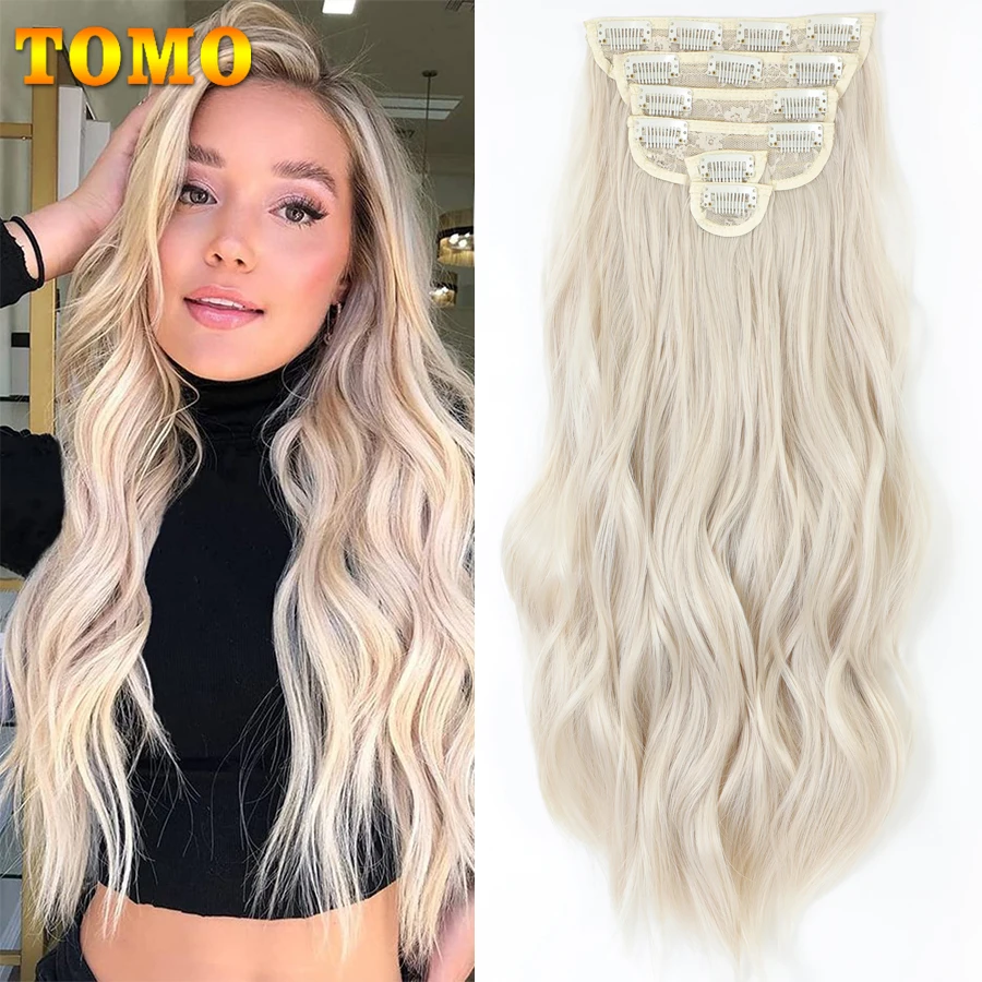 TOMO 6 Pcs/Set Clip In Hair Extensions Long Wavy Hairstyle Natural Synthetic Black Blonde Hairpieces High-temperature Fiber Hair