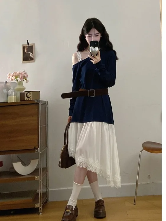 

plus Size Sweatshirt Shoulder Baring Dress Women's High Waist Asymmetric Midi Dress Commute Style Korean Loose Fit Autumn Winter