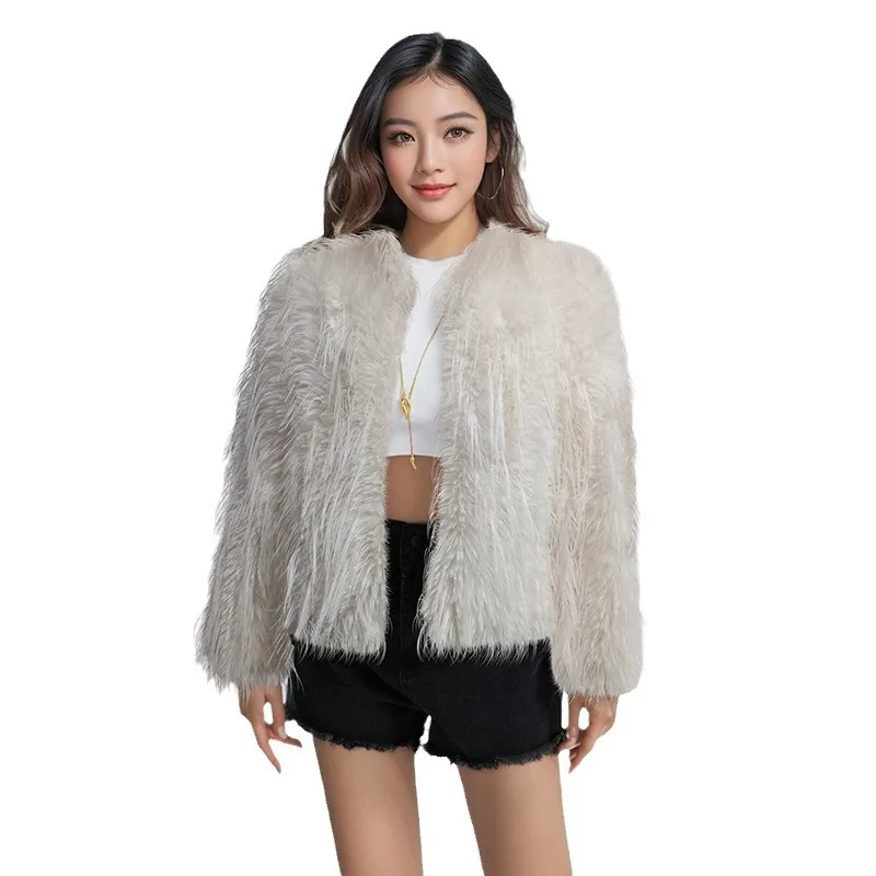 여성 숏 코트 태슬 인조 퍼 라운드넥 코트 가디건 루즈핏 엘레강스 Y2K 하이 스트릿 두꺼운 따뜻한 솔리드 스트릿웨어 겨울