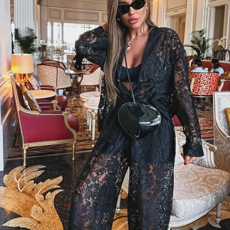 Elegant Y2K See Through Lapel Shirt Top Loose Pants Suit for Women Outfits Tracksuit Sexy Women Lace Two Piece Pants Set