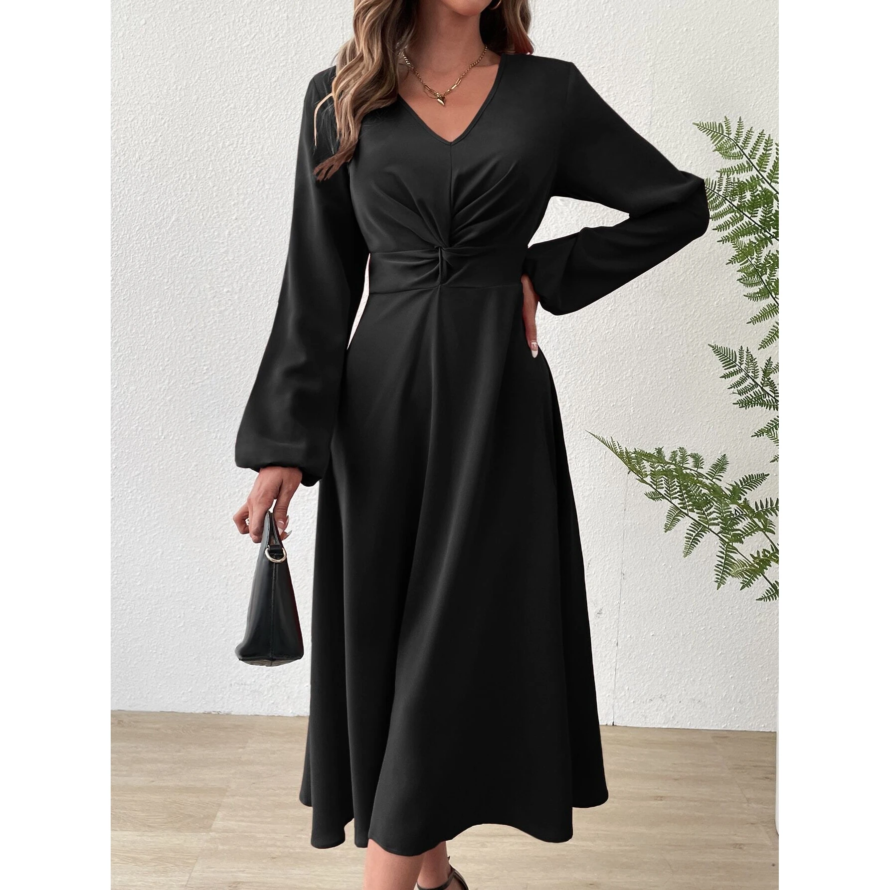 Ele V-ne Midi Dr 2024 خريف وشتاء عالي الخصر على شكل حرف a Sister Sle Long Sve Ele Dr للنساء