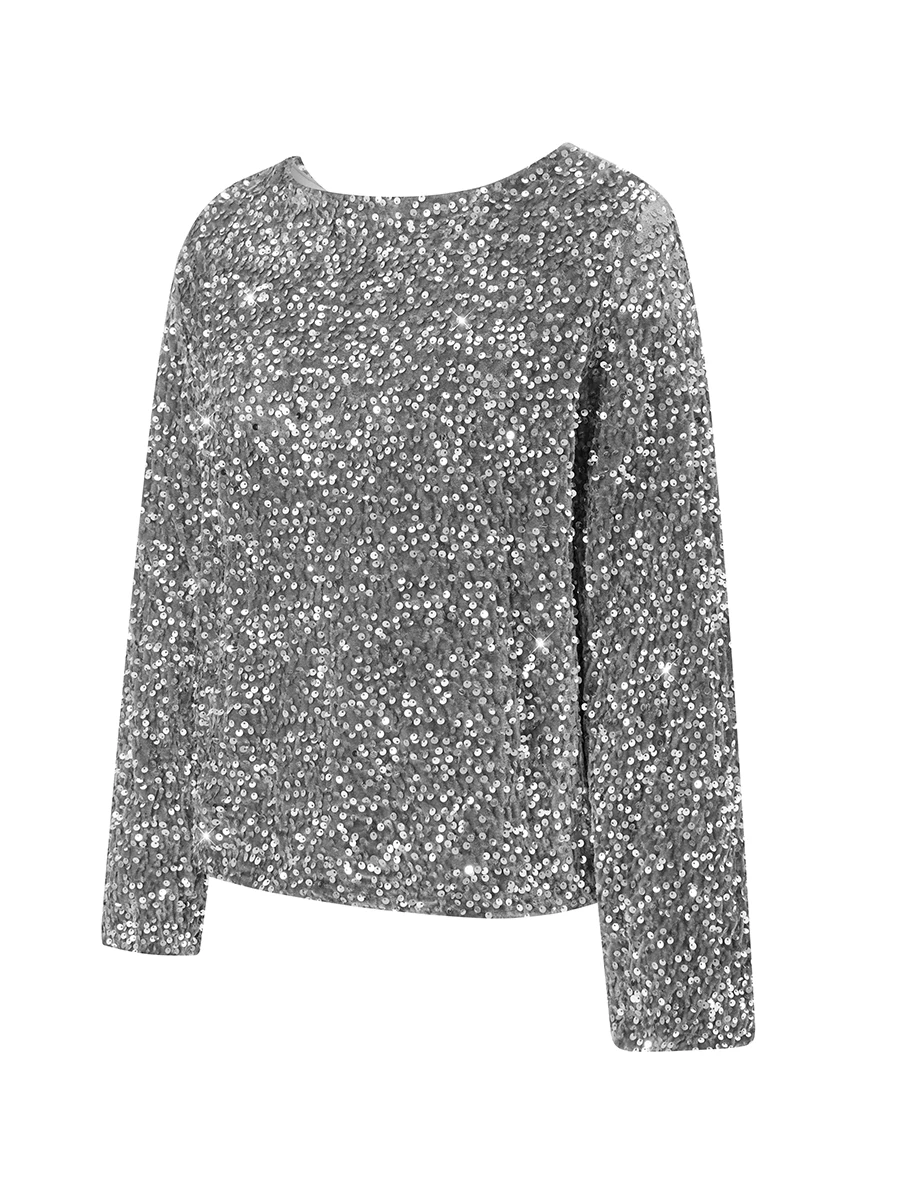 Women s Glitter Sequin Tops Casual Long Sleeve Round Neck Back Bow Blouse Party T-Shirts