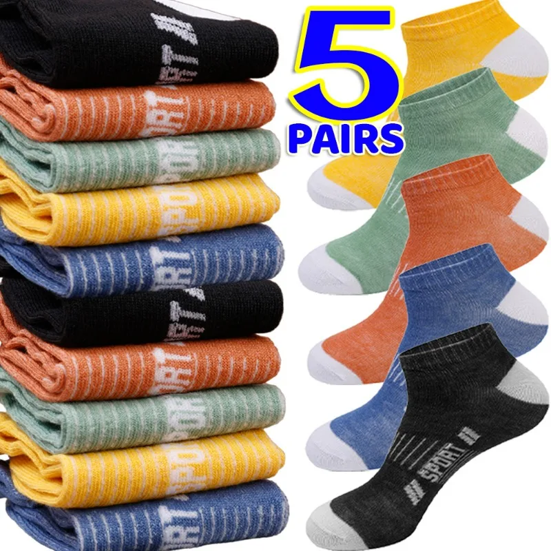 1/5Pairs Men Sports Ankle Socks Summer Thin Breathable Comfortable Letter Boat Socks Ins Fashion Sweat-absorbing Short Stockings