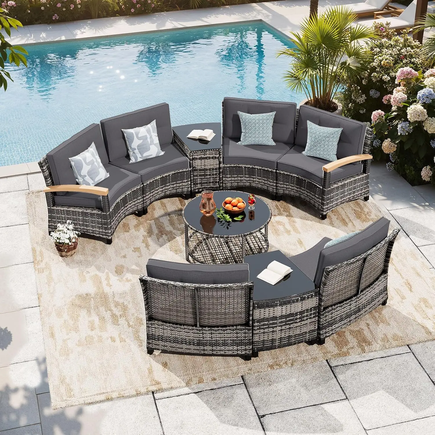 Half-Moon Curved Outdoor Patio Sectional Sofa Set with Wood Armrests, Coffee & Side Tables for Backyard Deck Garden, Customized