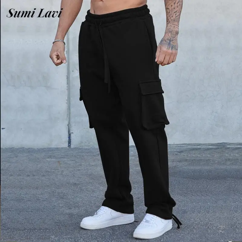 

Модные мужские однотонные брюки-карго, весенне-осенние новые повседневные брюки с несколькими карманами и завязками для мужчин, повседневные брюки для отдыха