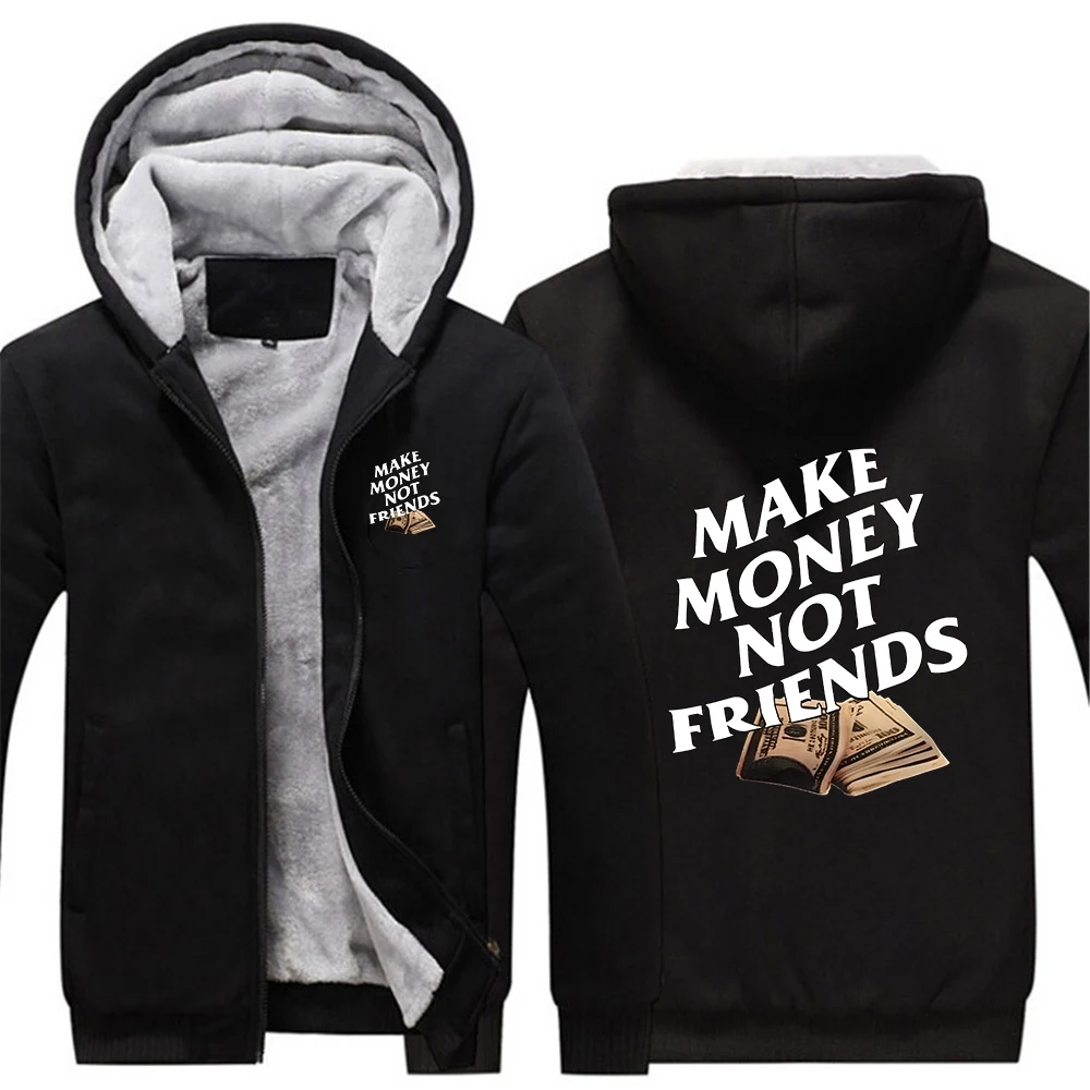 

2026 make money not friends Print Autumn And Winter Men's New Thicken Hoodies Harajuku Splicing Casual Pocket Warm Coat