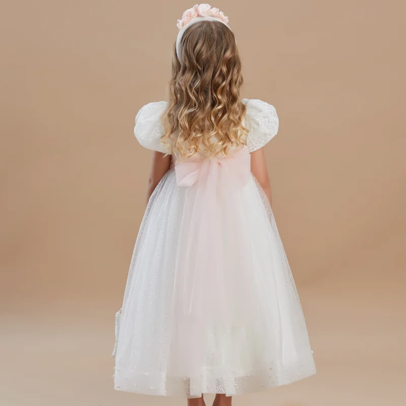 Customized Flower Girl Dresses White Flory Appliques With Pink Bow Belt Short Sleeve For Wedding Birthday Holy Communion Gown