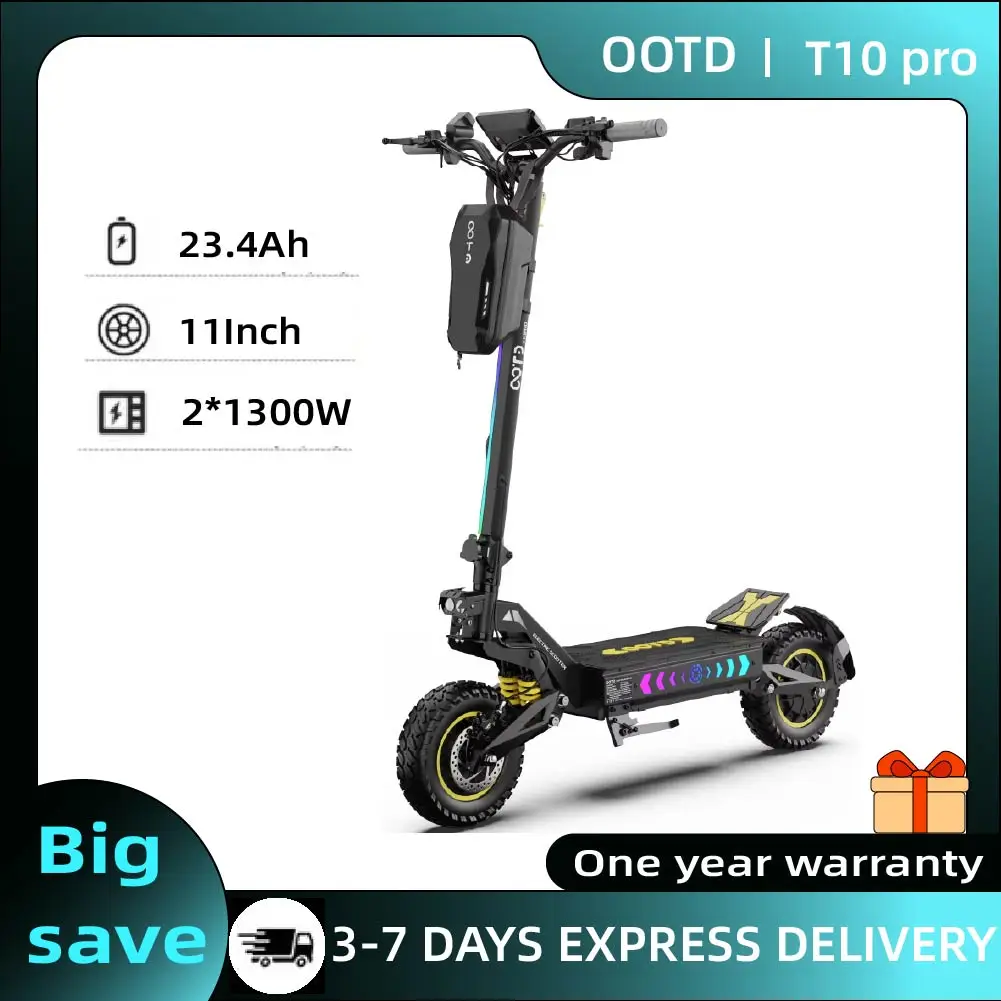 Trottinette électrique OOTD T10 Pro à double moteur 2600W de puissance maximale, 52V23.4Ah, pneus de 11 pouces, pliable, pour la ville et le tout-terrain, pour adultes