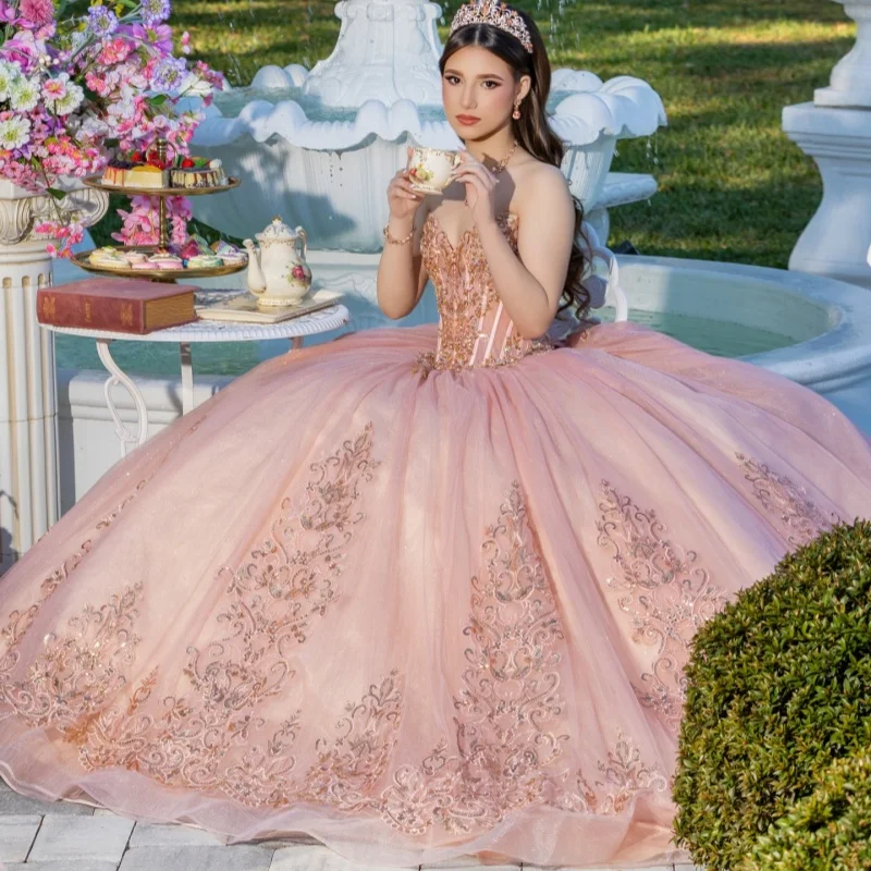 

Rose Pink Quinceanera Dresses Off the Shoulder Crystal Glitter Decal Long tail layering Bow Vestido De 15 Quinceanera Customize