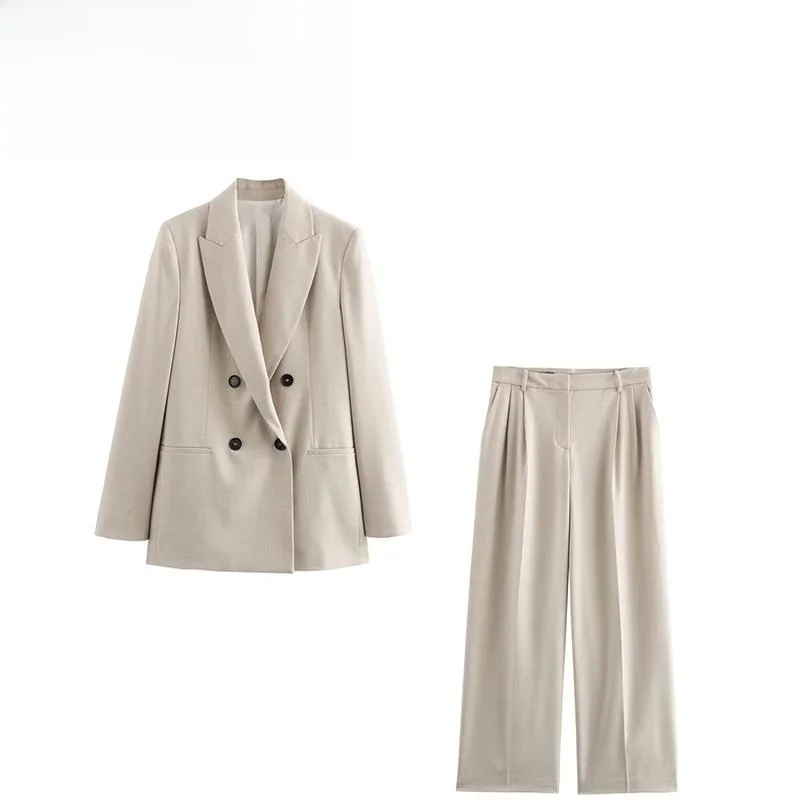 

ZBZA Spring New Women's Faionable Double-Breasted Long-Sve Suit Jaet And Wide-Leg Pants Set Versatile Ele Sle