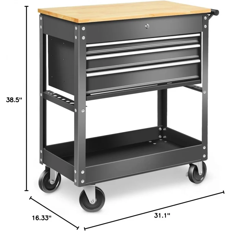 3-Drawers Wood Top Utility Rolling Tool Chest Cabinet with Wheels, Heavy Duty Industrial Service Cart Keyed Locking System