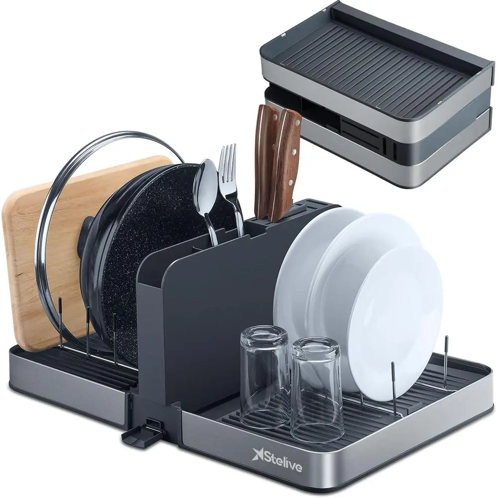 

Dish Drainer Rack with Removable Cutlery Holder, Stainless Steel Dish Drying Rack with Dual Parts, Space-Saving, Rustproof Utens