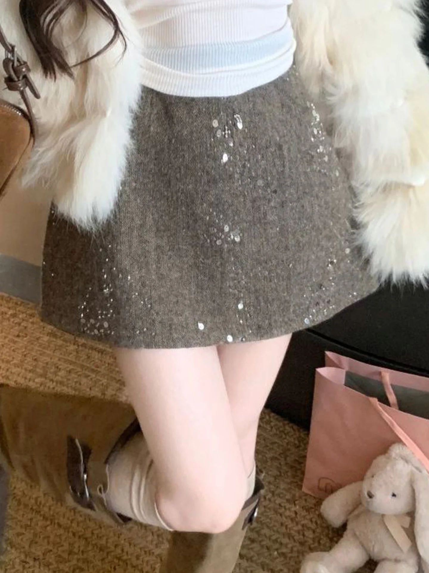 

Korean Sle High Waist iny Sequin Embellied f Skirt Women's Sweet And Spicy Girl Design Sensation A-Line Skirt T...