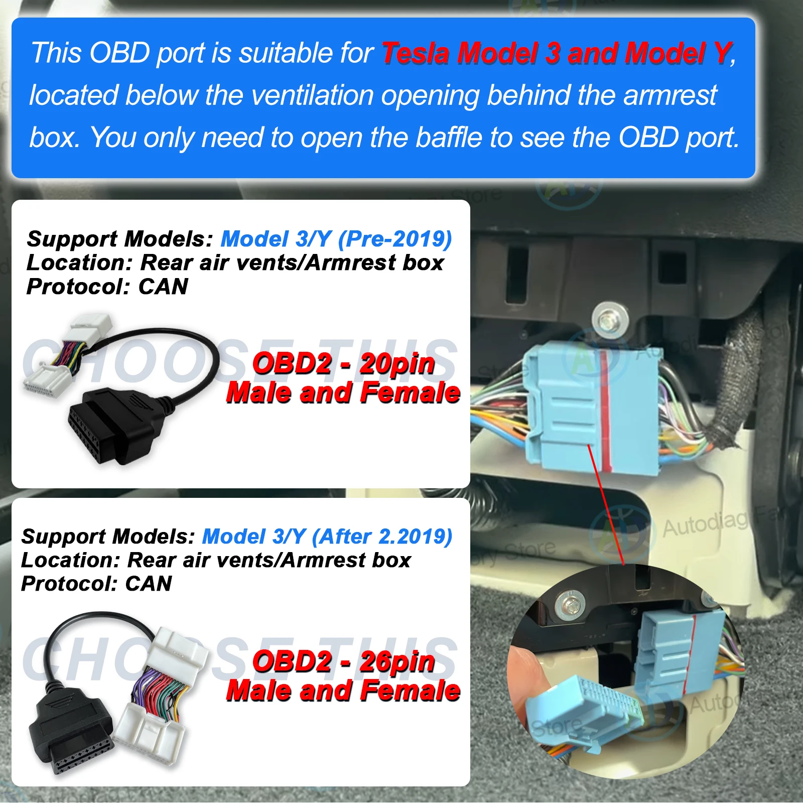 OBD Adapter For Tesla 12/20/26pin to OBDII For Tesla Model X/S/3/Y OBD2 Diagnostic Cable OBD Connector Harness For X431 Scanner