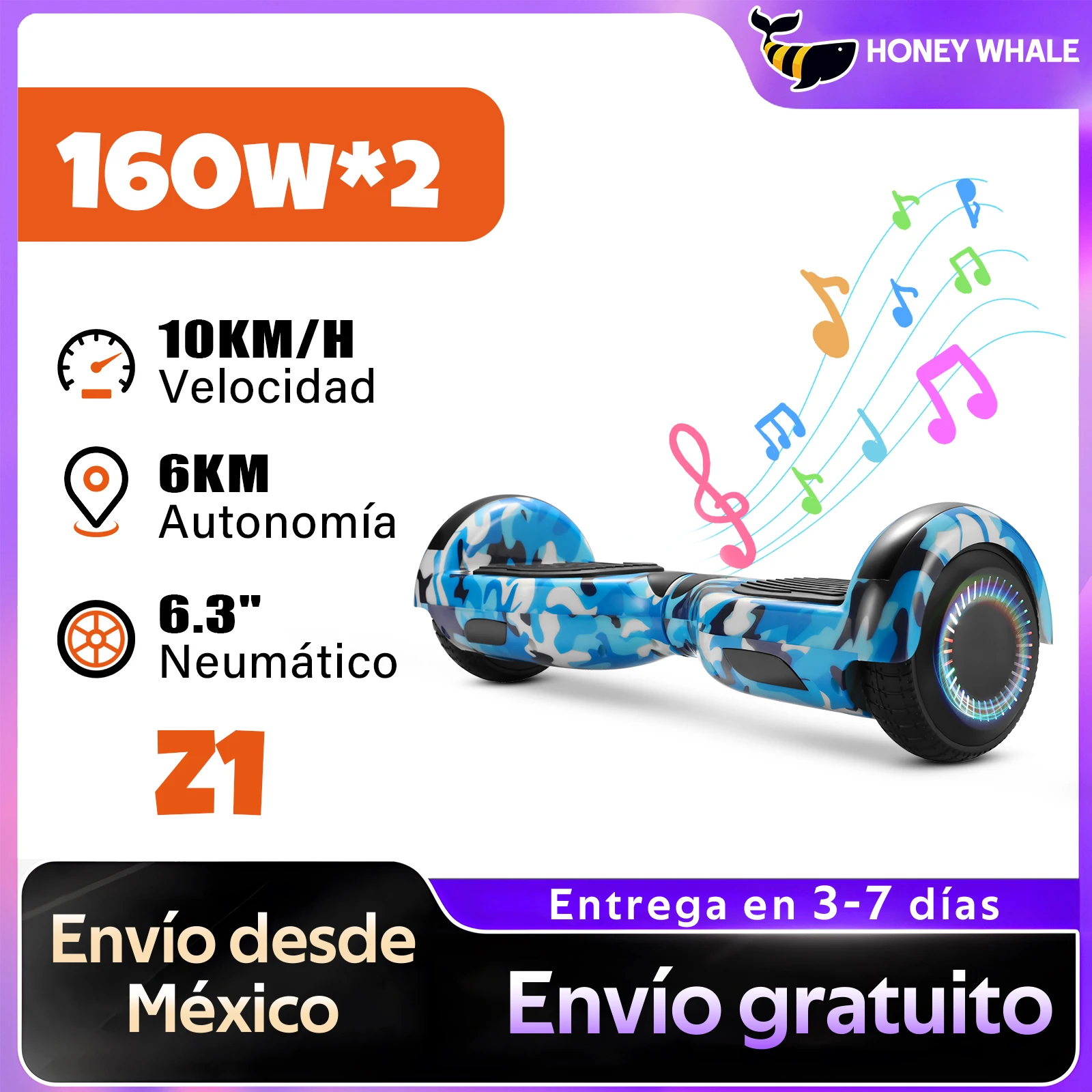 HONEYWHALE Z1 Hoverboard Electrico para Niños, Patineta Electrica Autobalanceo con Doble Motor de 150W, Velocidad Máxima 10KM/H, Scooter de Equilibrio con Bluetooth para Reproducir Música