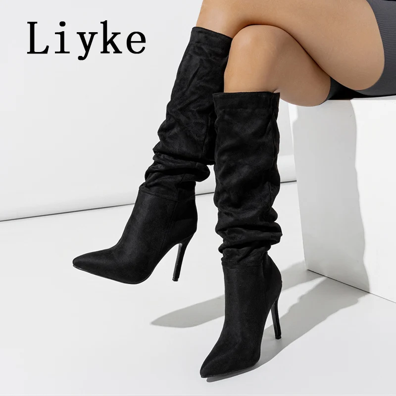 Liyke Sexy Pointed Toe Motorcycle Knee High Boots Women Fashion Pleated Autumn Winter Pink Long Shoes High Heels Botas Mujer