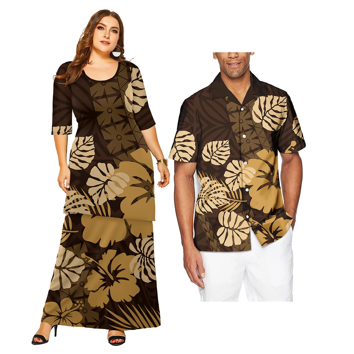 Vintage Polynesian Samoa Tribal Print Custom Oversized Couple Outfits Women Sexy Puletasi Dresses with Men Shirts Outdoor