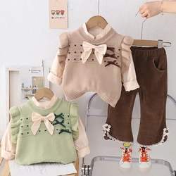 Children Clothing Sets Spring Baby Girls Knitted Lace Vest Shirt Pants 3 Pieces Suit Infant Bow Princess Clothes Kids Outfits