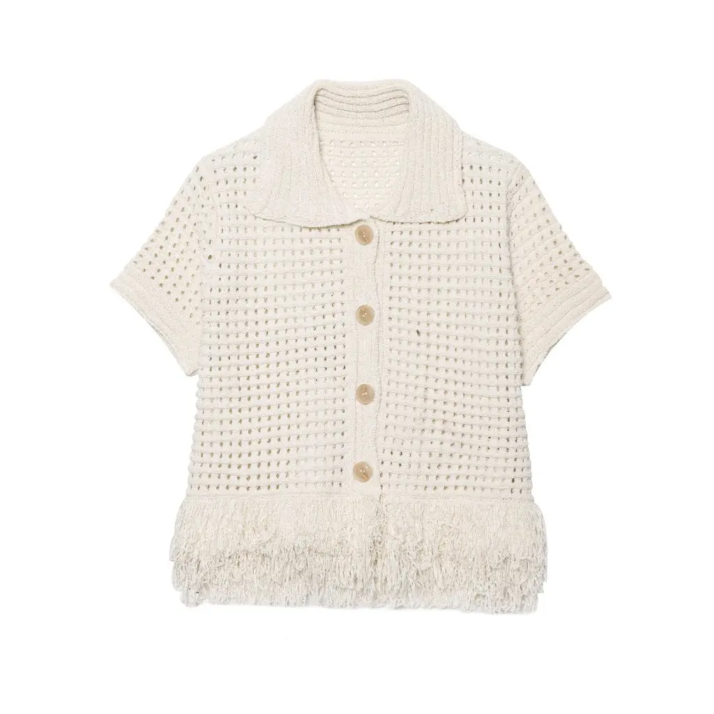 

Summer Women's Tassel Decorated Plaid Knitted Jacket European American Style Lapel Short-Sleeved Holiday Fashion Top