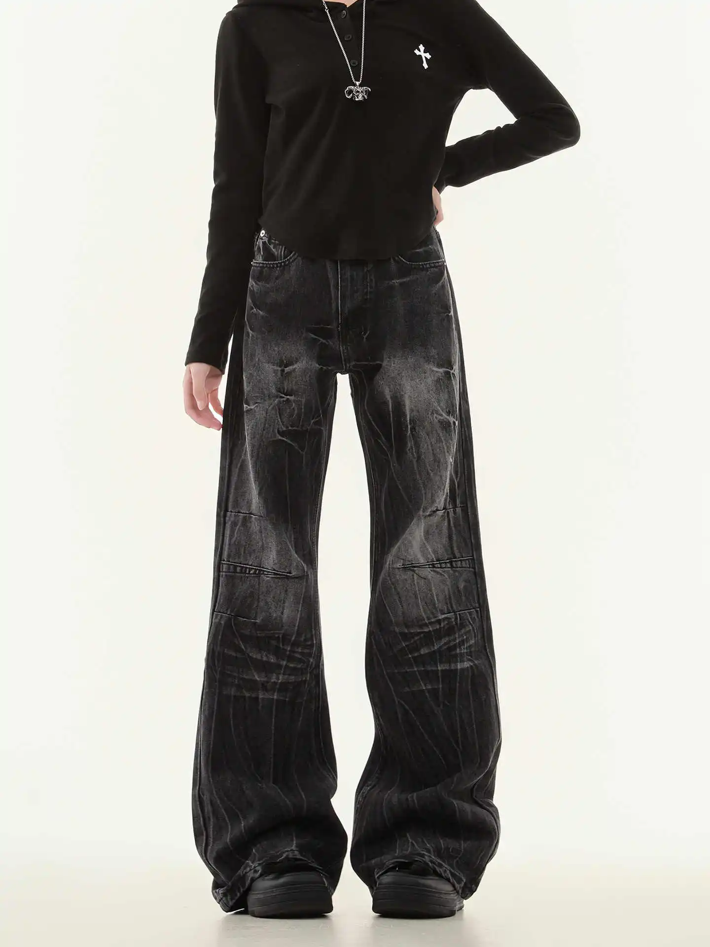 Women's Baggy Jeans Dark Academia Abi Y2k Japanese Streetwear Cyber Punk Denim Pants Wide Fit Grunge Harajuku Cowboy 2000s Chic