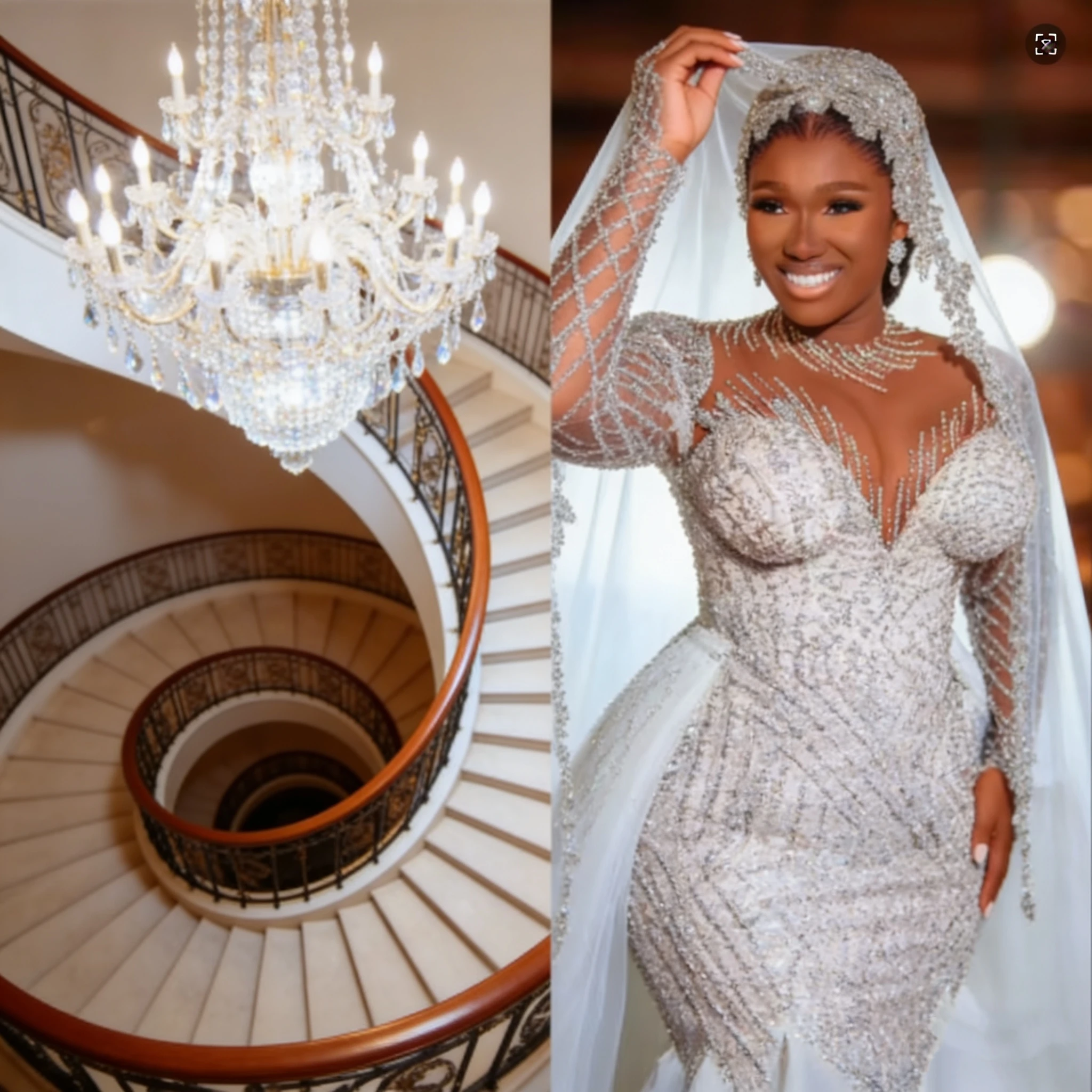 Customized African Luxury Mermaid Wedding Dress With Detachable Tail Heavy Beading Long Sleeves 2 IN 1 Wedding Dresses W1440
