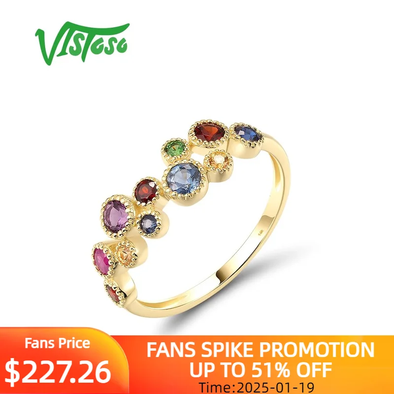 

VISTOSO Authentic 14K 585 Yellow Gold Ring For Women Sparkling Colorful Gems Rainbow Mordern Wedding Creative Fine Jewelry