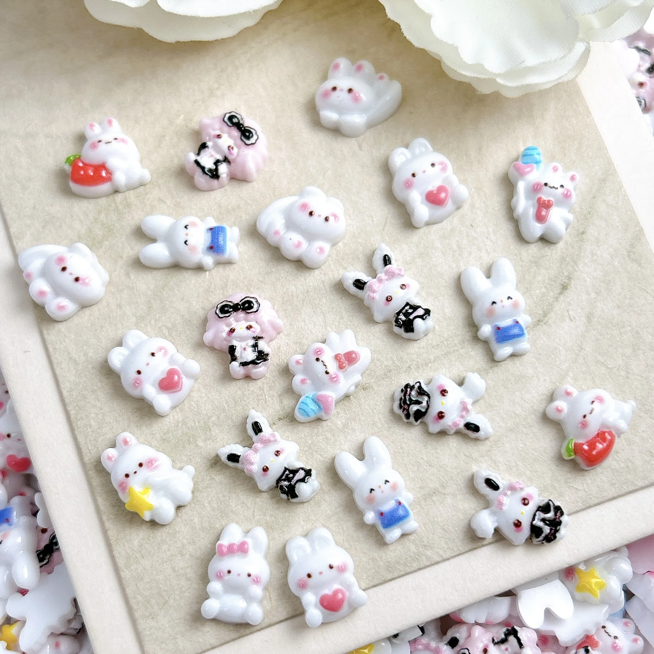 20 pçs criativo dos desenhos animados coração balão coelho branco resina encantos do prego 3d bonito pó blush coelho decorações da arte do prego diy unhas