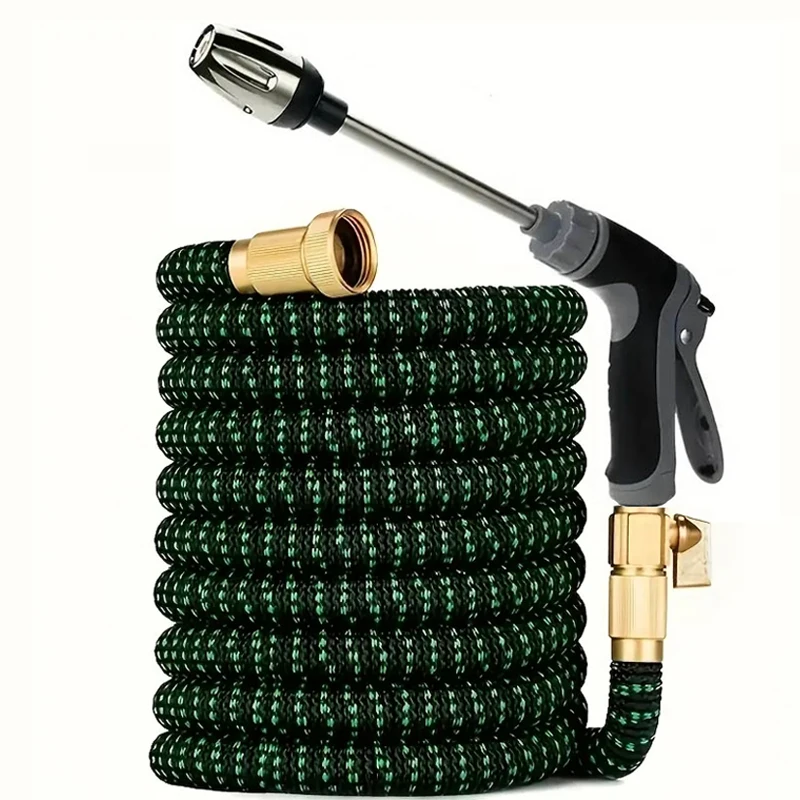 

Stretchable and expandable garden hose made of rubber material, lightweight, non bending, leak proof design, durable connector