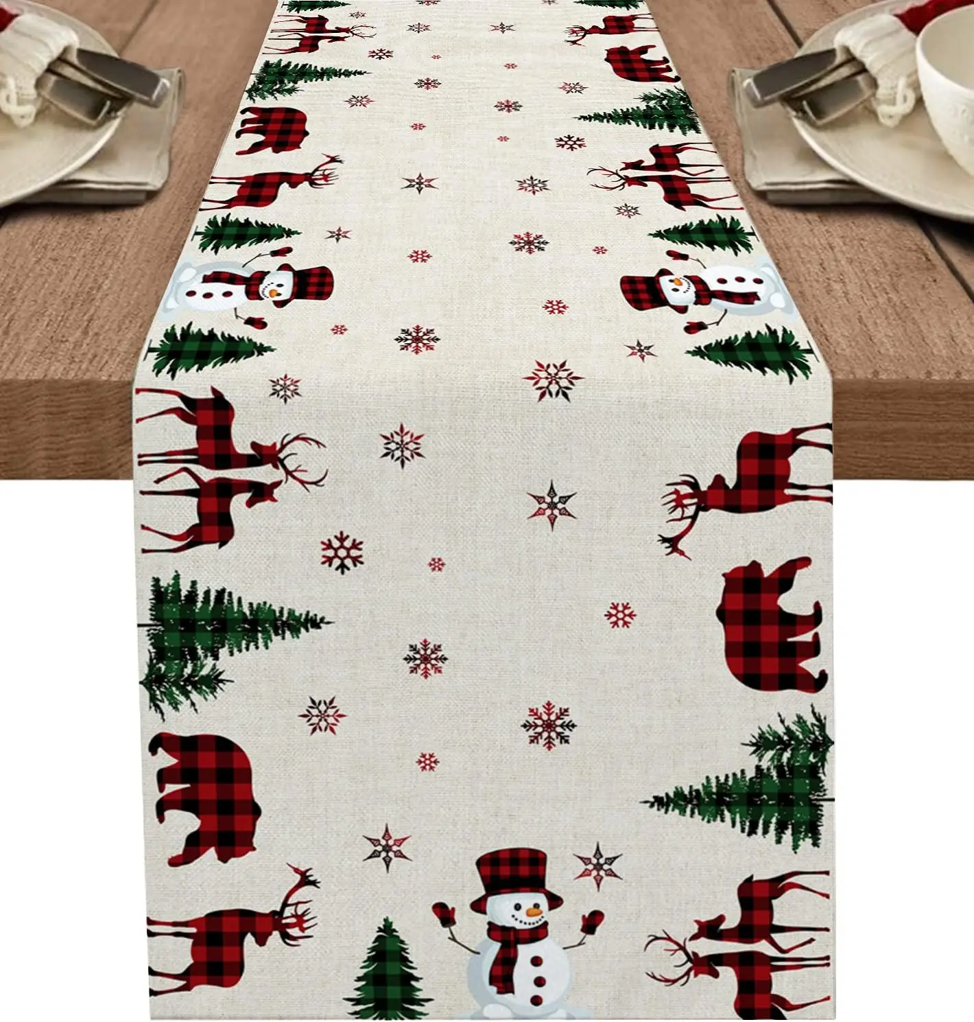 Christmas Snowman Reindeer Snowflake Table Runner Party Decor Reusable Winter Kitchen Dining Table Runner Christmas Decorations