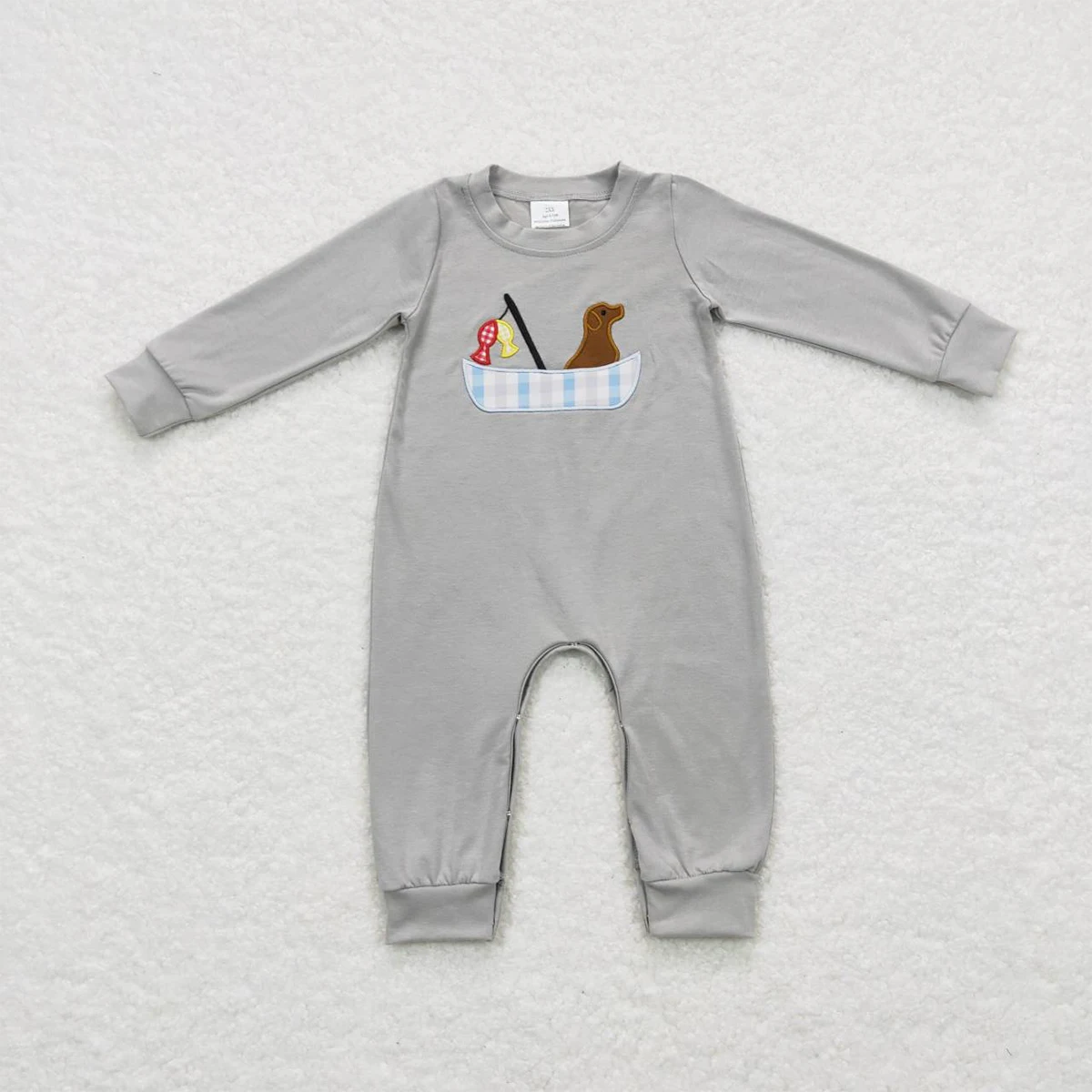 Wholesale Children Embroidery Puppy Fishing Brown Long Sleeve Jumpsuit Toddler  Baby Boy One-piece Spring Autumn Romper