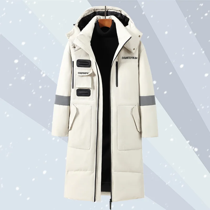 Men Hooded Long Sleeve Down Coat Spliced Down Jackets Outerwear Zipper Pockets High Street Thick Warm Winter 2025 Patchwork