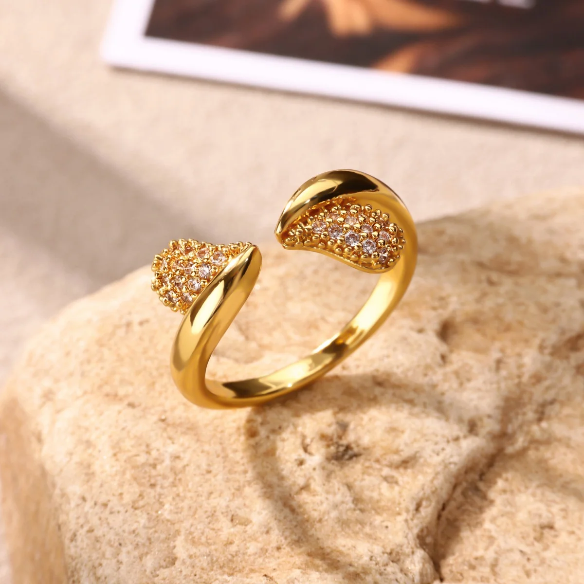 Vintage Geometrischer Offener Ring für Damen, Kupfer-Gold-Farbe, Zirkonia-Besatz, Wassertropfen-Design, Verstellbarer Ring, Ästhetischer Klobiger Schmuck, Geschenk – Detail 1