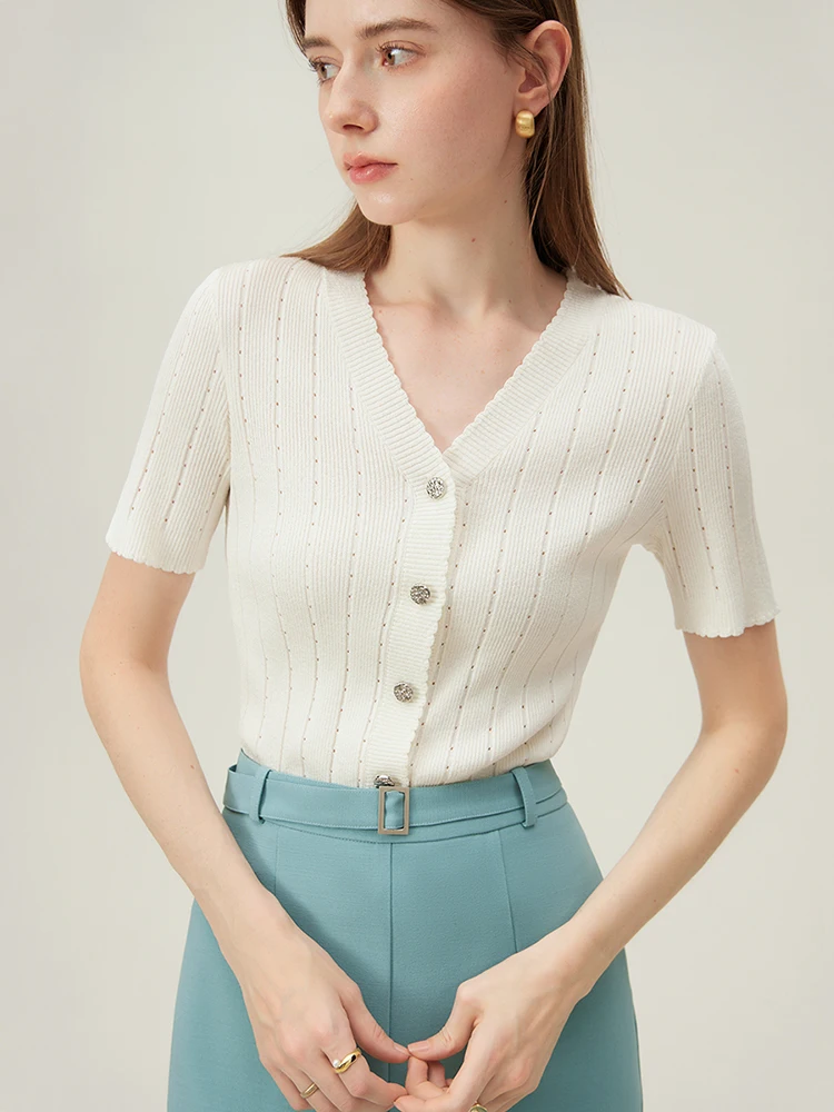 FSLE Thin Ice Silk Knitted Versatile Classic Cardigan For Women 2024 Summer New Short-Sleeved T-Shirt V-Neck Top 24FS12197