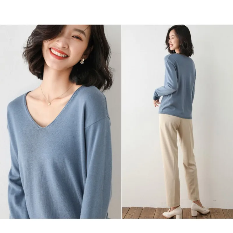 Primavera Outono e Inverno Curled Cuffs V-neck Manga Comprida De Lã Mulheres Pullovers Alta Elasticidade Blusas Senhora Azul Cor Knit Tops