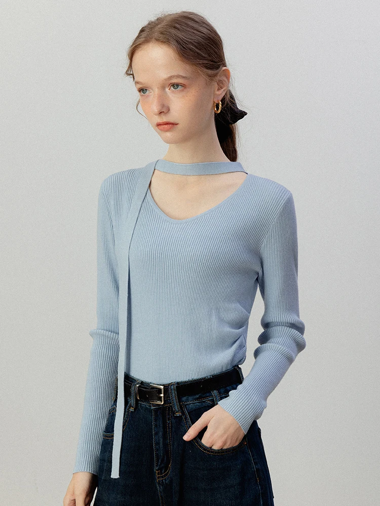 

Женская трикотажная кофта Eggka Pure Color Slim Fit с V-образным вырезом и декоративной лентой, элегантный базовый топ для офиса, осенняя новинка