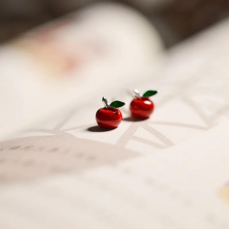 Genuine Handmade Vintage Classic Exquisite 925 Sterling Silver Red Enamel Three Dimensional Apple Stud Earrings for Women Gift
