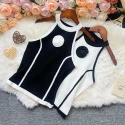 YuooMuoo Chic Fashion Knitted Tops Women Y2K Hand-making 3D Flower Slim Elastic Knitted Pullover Tank Tops Summer Outfits Shirts