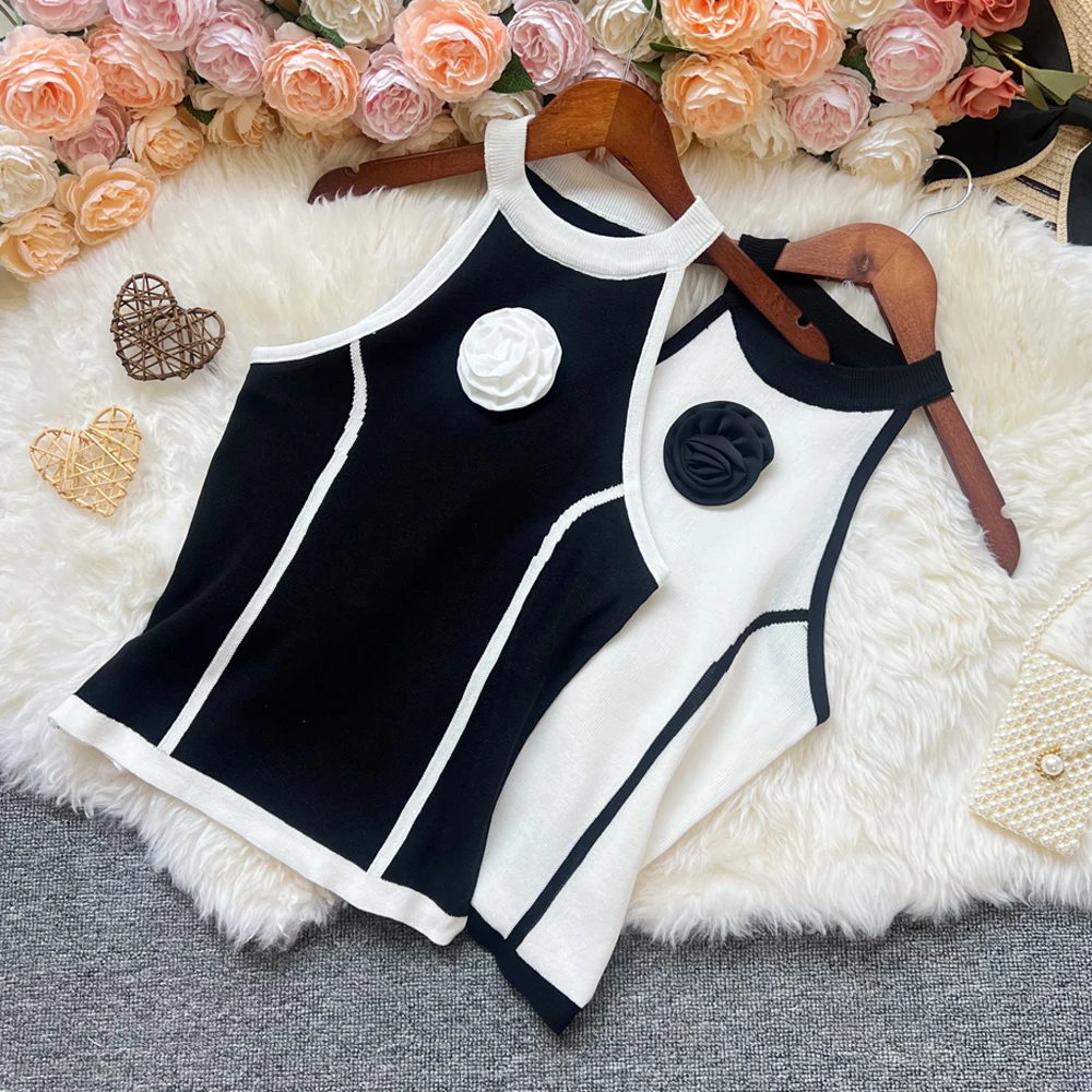 YuooMuoo Chic Fashion Knitted Tops Women Y2K Hand-making 3D Flower Slim Elastic Knitted Pullover Tank Tops Summer Outfits Shirts