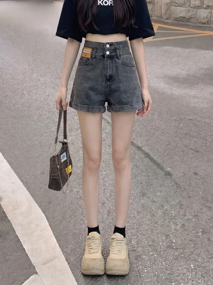 High Waist Cuffed Denim Shorts Women Summer Loose Slim Wide Leg A-Line plus Size Design Sensation Hot Pants Casual Style