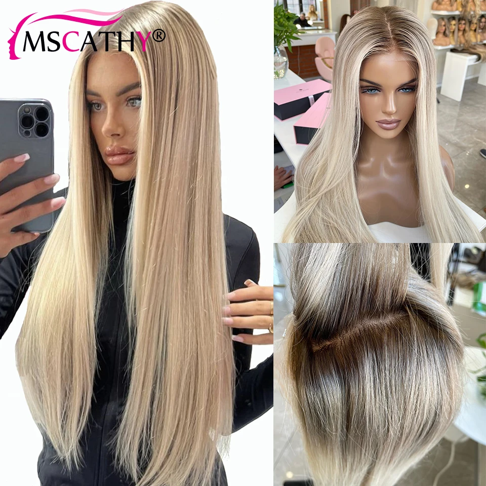 Peluquín de cabello humano sin pegamento, rubio ceniza con ombre, encaje frontal transparente 13x4 y 13x6, liso, densidad 250%