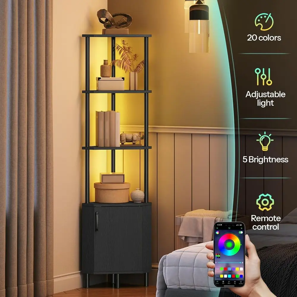 Black 5-Tier Corner Bookshelf with LED Light and Storage, 59 Tall, for Living Room and Kitchen