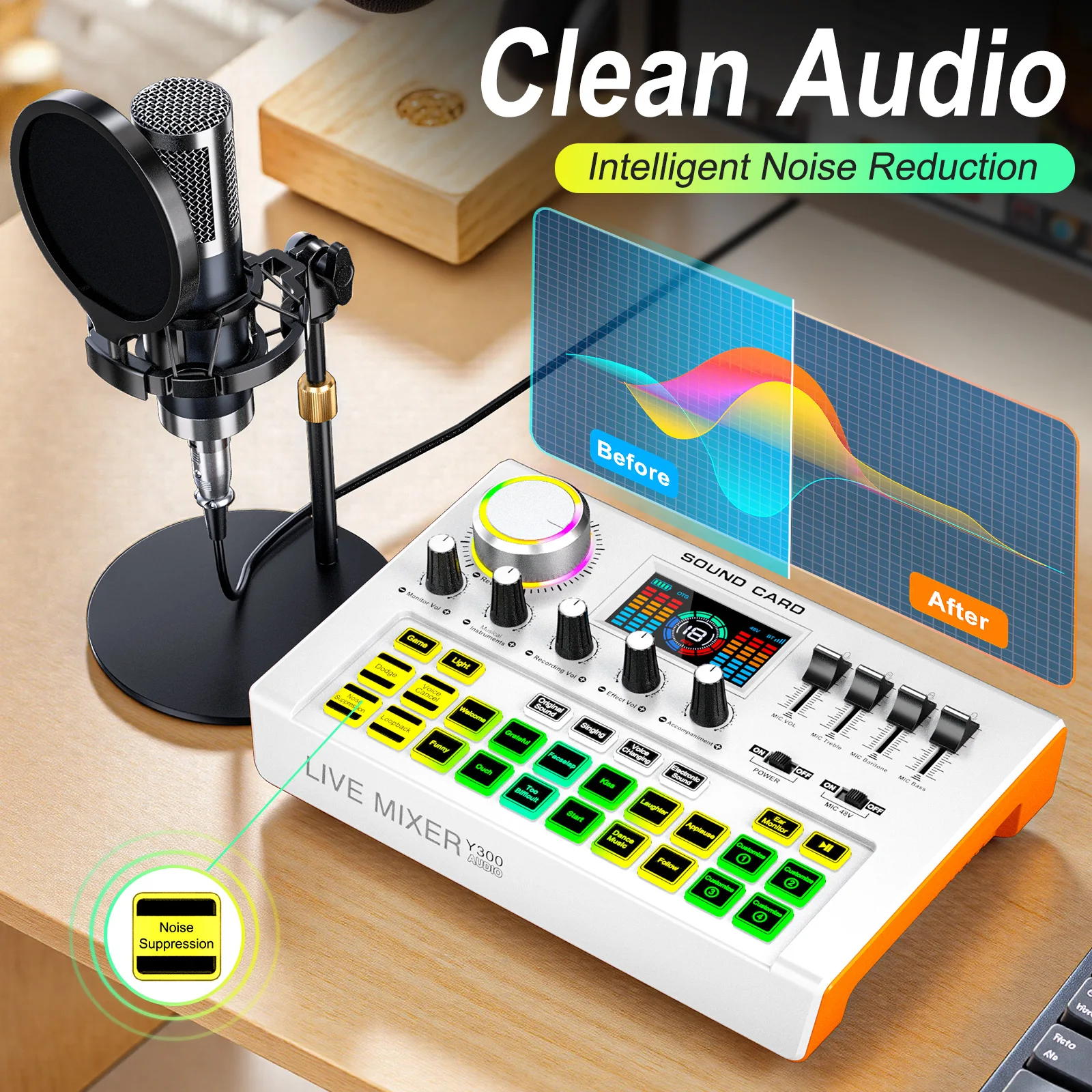 Tenlamp Professional Podcast Equipment Bundle Kit for 4 People, Studio Sound Card with 3.5mm Condenser Mic (Y300-P15B) for PC Smartphone Laptop Computer , Live Audio Mixer Voice Changer for Streaming Singing Gaming Recording Vlog YouTube view 5