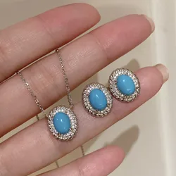 Luxury retro surround with oval turquoise earrings for women necklace silver 925 diamonds exquisite blue jewelry sets