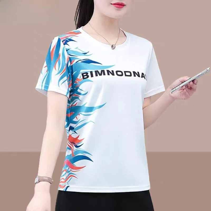 

Женская летняя тонкая футболка из ледяного шелка с круглым вырезом, быстросохнущая, дышащая, комфортная, спортивная, новинка для женщин среднего возраста.