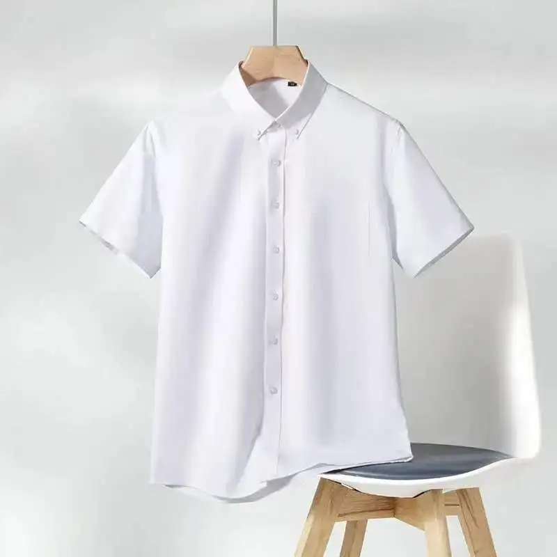 New 100% Cotton Shirt For Men Stripe Oxford Short Sleeved Summer Casual With Single Pocket Solid Color Regular Fit White Blouse