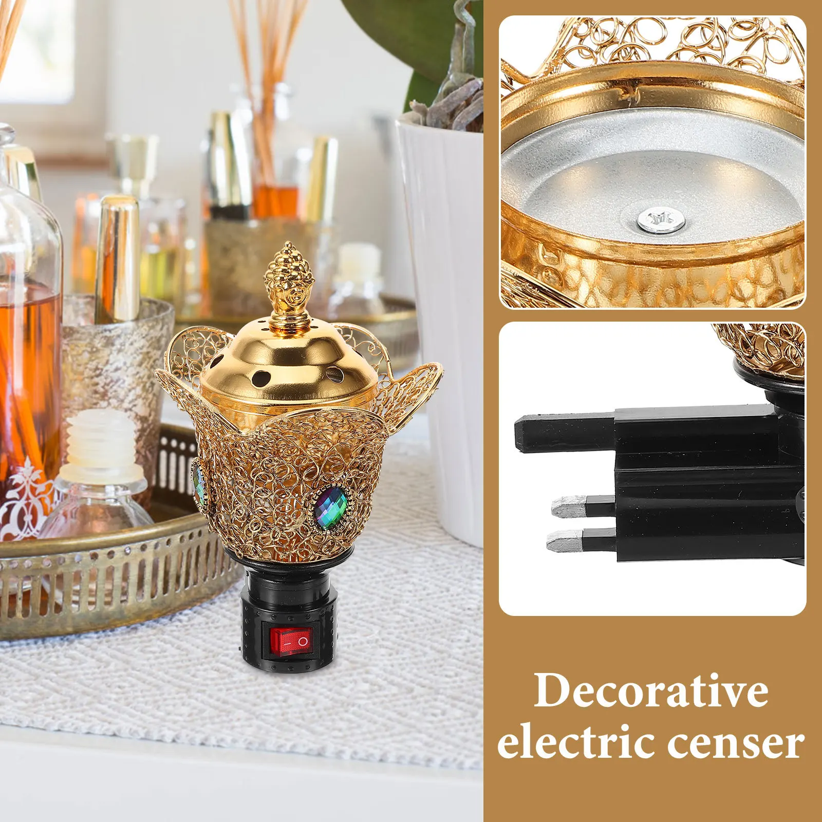 

Arabian Electric Incense Burner Small Lidded Plug-in Censer Ornament Uk Plug Retro Aroma Burner Home Decor Office Yoga Room