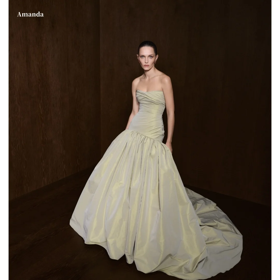 Amanda Customized Pale Yellow Strapless Ruched Bodice Voluminous Ball Gown Prom Dress Train Formal Evening vestidos de noche